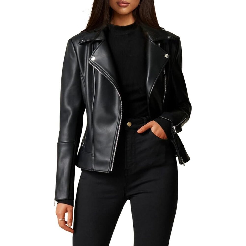 ⚡Women's Leather Jacket Buttery Soft Moto Biker Short Jacket Stretchy Sleeve